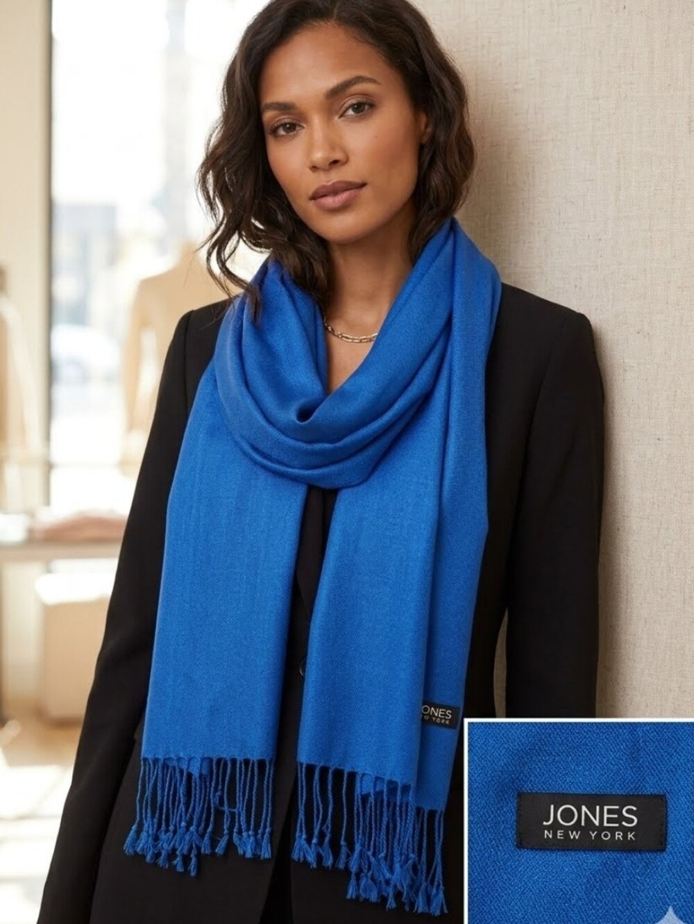 Jones New York Bright Blue Fringe Scarf Wrap 100% Viscose 20"x74"